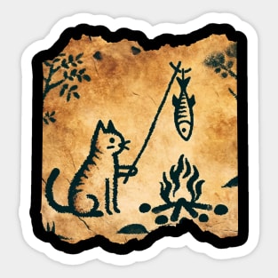 Cave Art Kitten Humor Fish Roasting Art Survival Cat Sticker